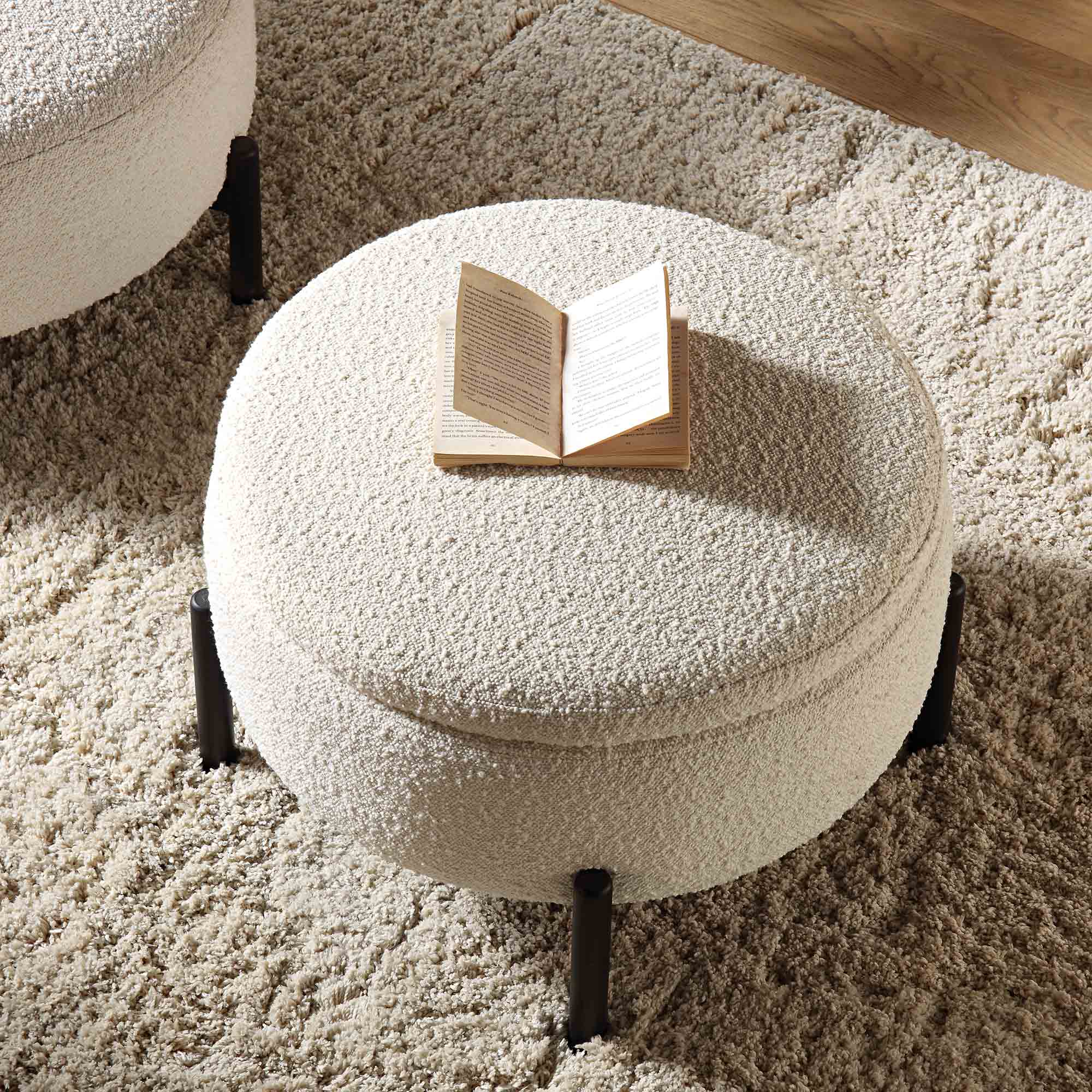 Amboise Round Storage Pouffe, Ecru Boucle - Image 2