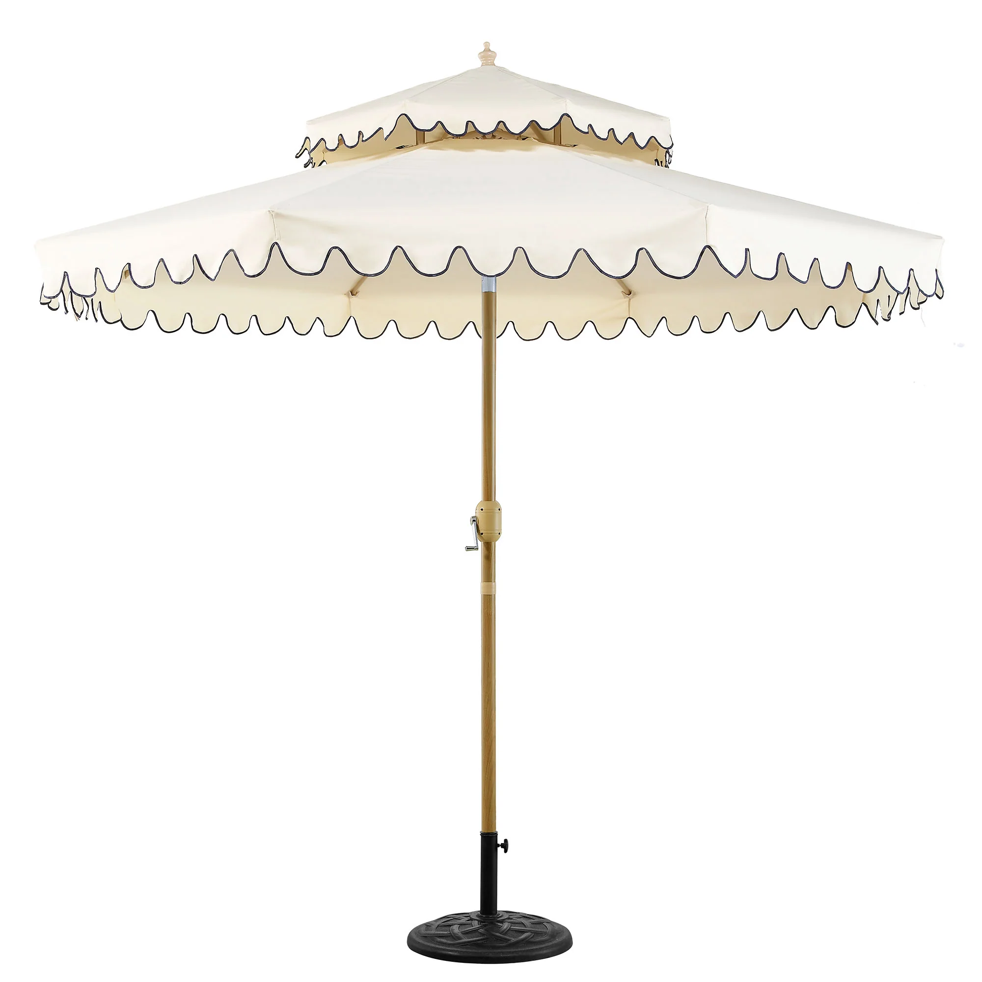 Fabienne Beige 3M Octagonal Double Top Crank and Tilt Parasol with Navy Scalloped Edge