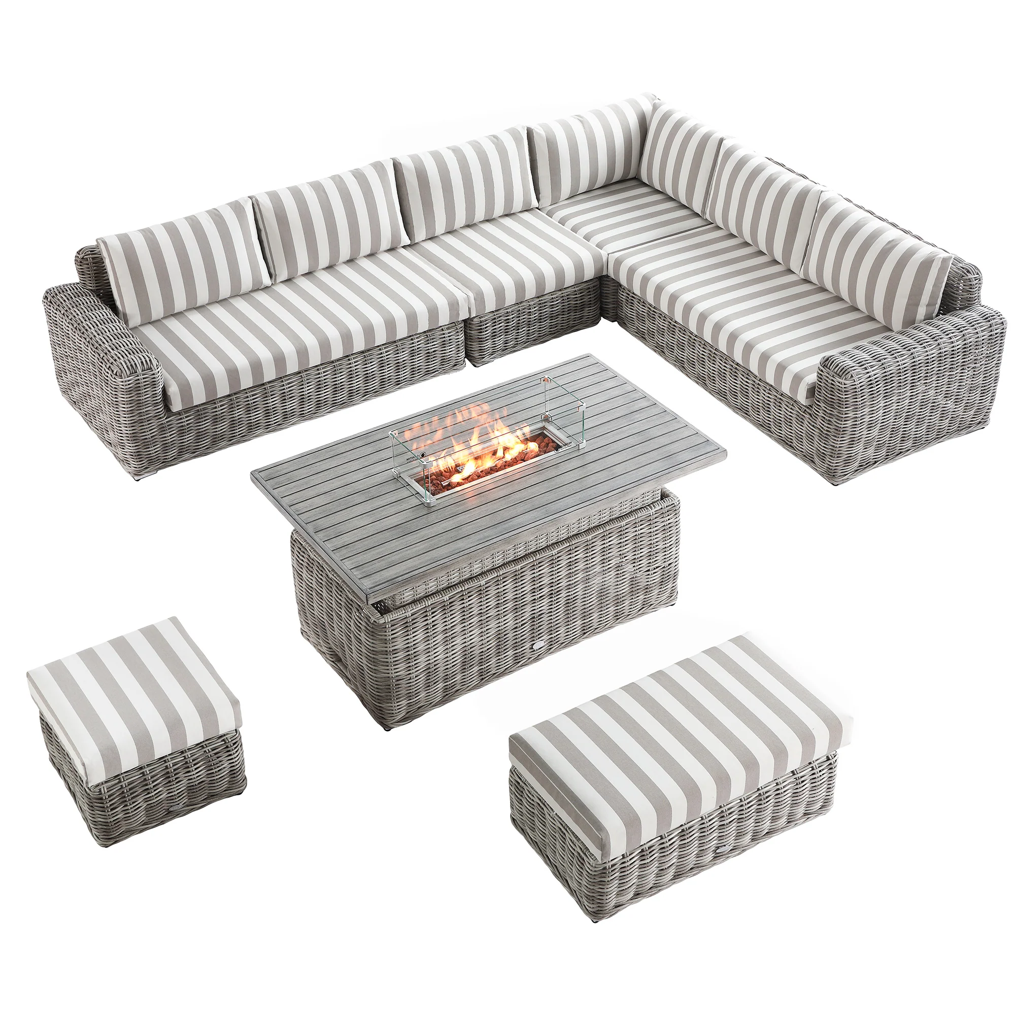 Bellagio Round Wicker Large Corner Casual Dining Set with Rising Firepit Table, Light Grey with Taupe Stripes - Image 4