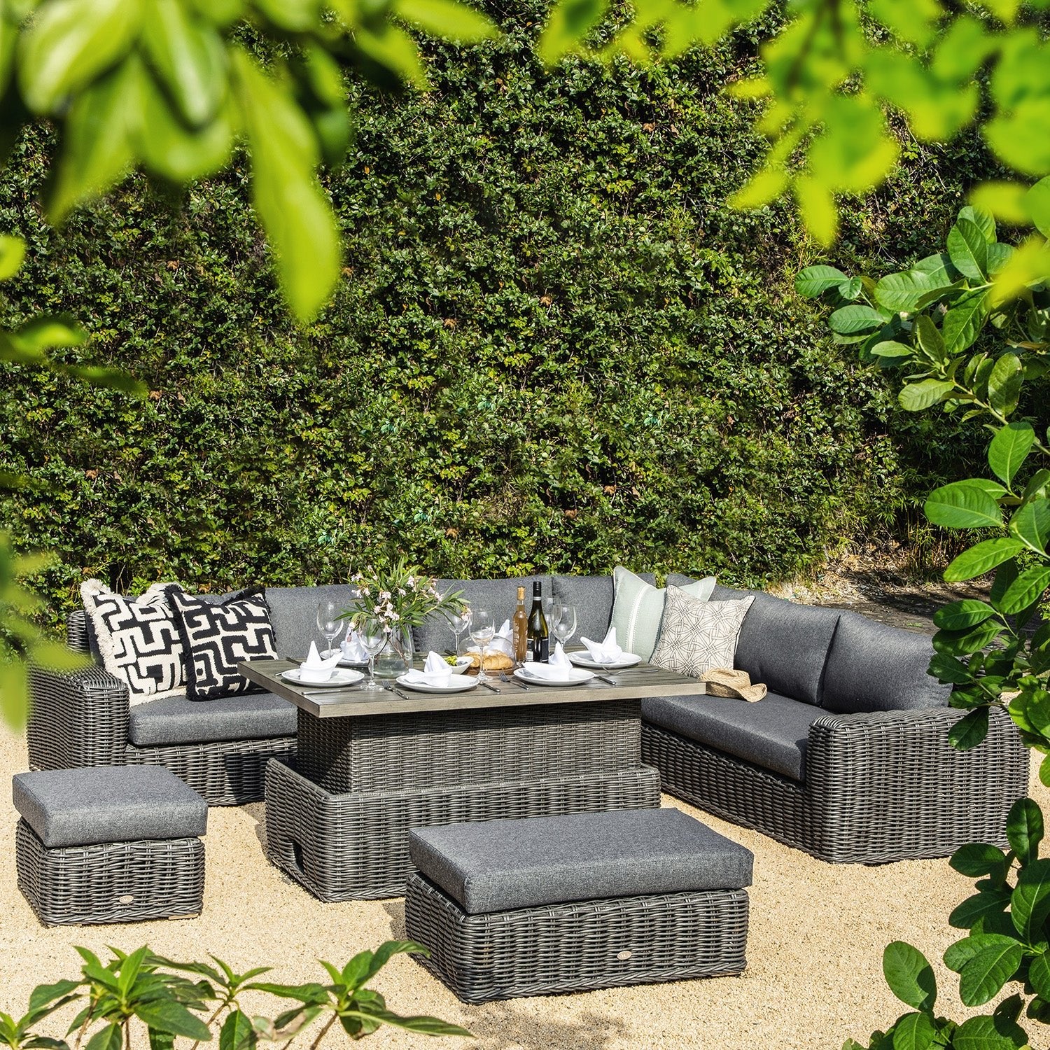 Bellagio Round Wicker Large Corner Casual Dining Set with Rising Table, Dark Grey