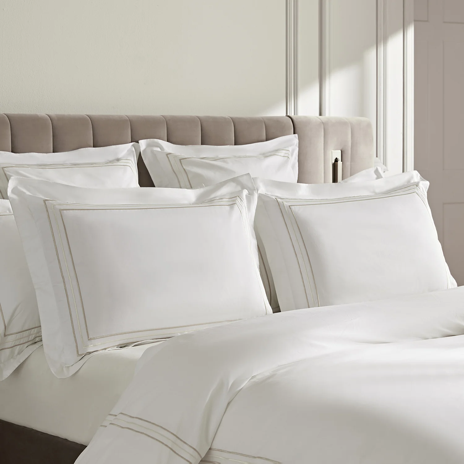 Belvedere Champagne Gold Cord Embroidered 300 Thread Count Cotton Percale Oxford Pillowcases - Pair