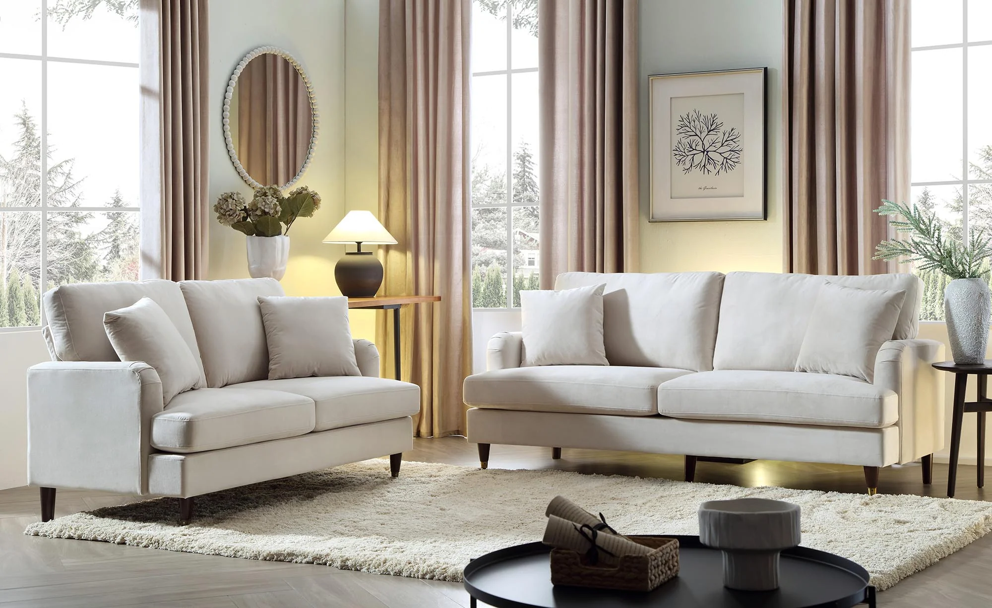 Brigette 3-Seater Beige Velvet Sofa with Antique Brass Castor Legs - Image 3
