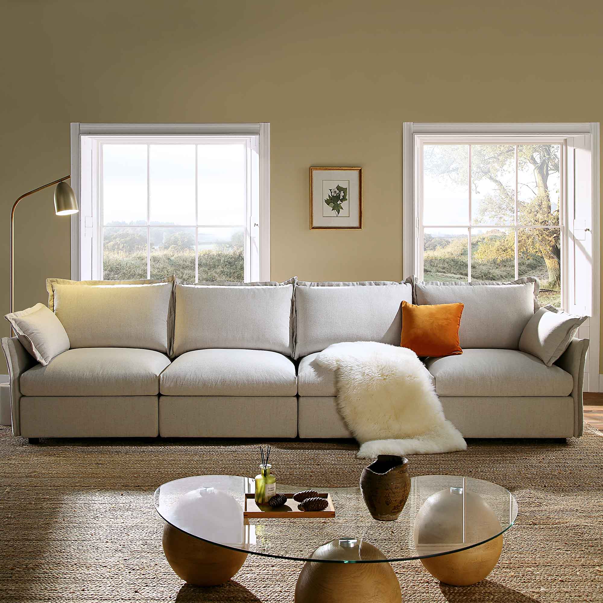 Byron Pillow Edge Beige Fabric Modular Sofa, 4-Seater - Image 2