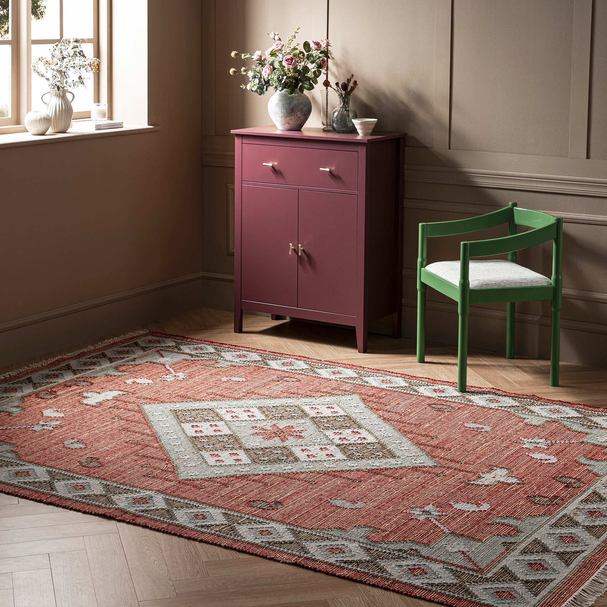 Farah Kilim Traditional Handwoven Wool & Jute Deep Red Rug - Image 3