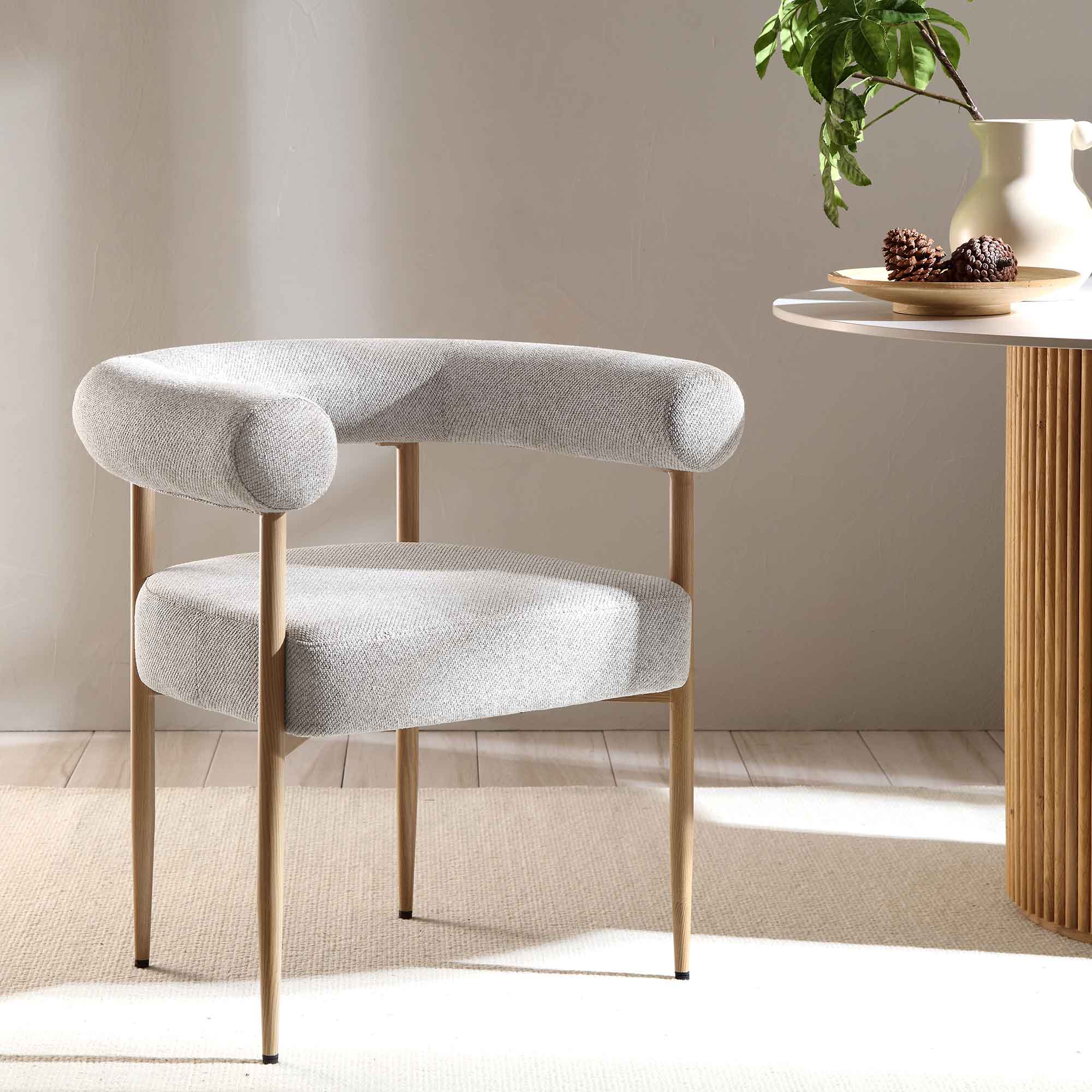 Fulbourn Beige Woven Dining Chair with Natural Wood Effect Legs