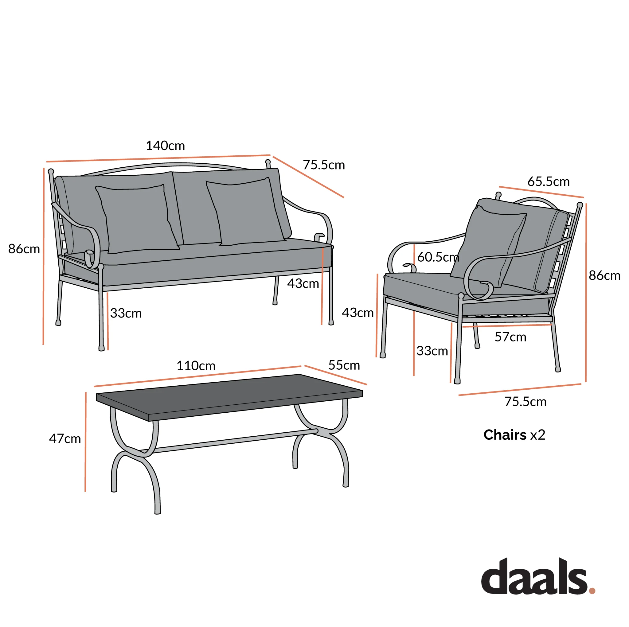 Haymes Indoor and Outdoor Metal Sofa Set with Coffee Table - Image 5