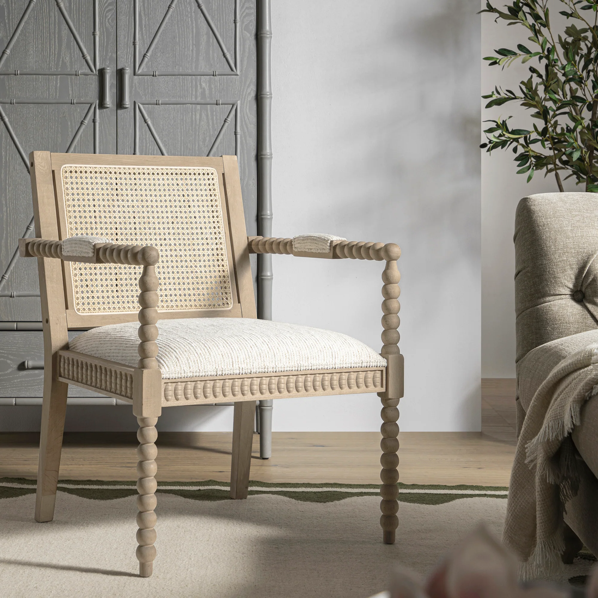 Hemingford Beige Textured Fabric Bobbin Washed Oak Armchair - Image 2