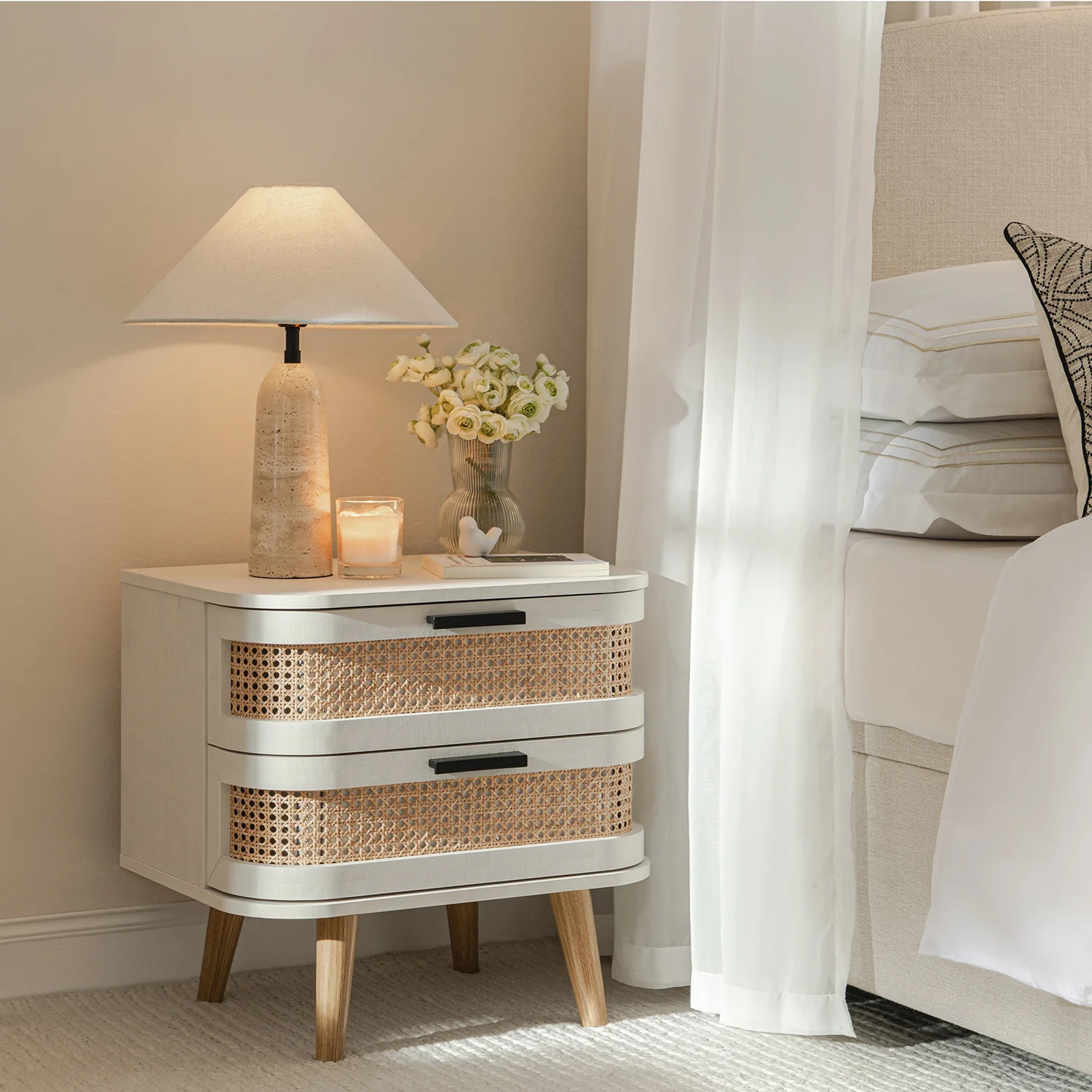 Izzy Curved Rattan 2-Drawer Bedside Table, White