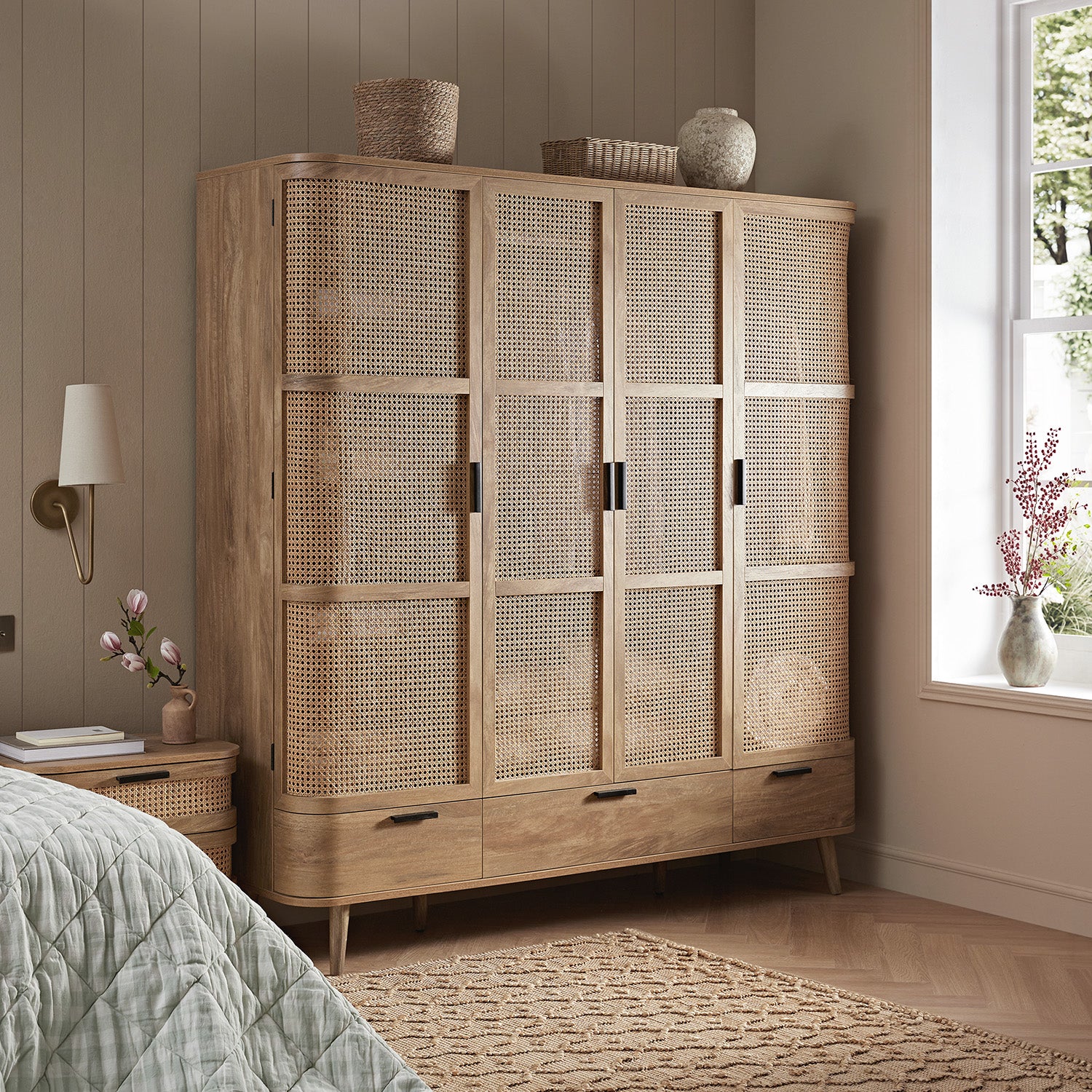 Izzy Curved Rattan 4-Door Wardrobe, Natural - Image 2