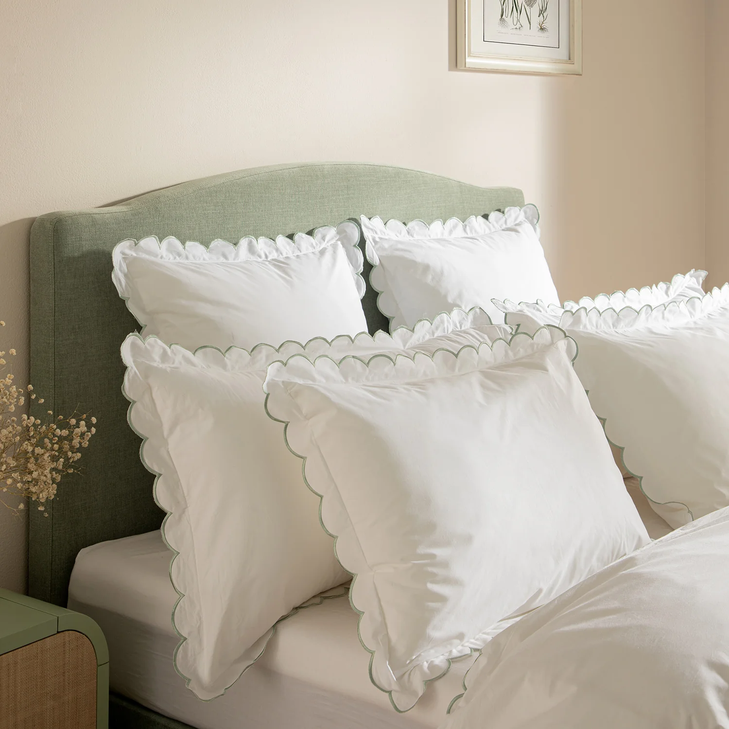 Margot Pistachio Green Embroidered Scallop 300 Thread Count Cotton Percale Pillowcases - Pair - Image 2