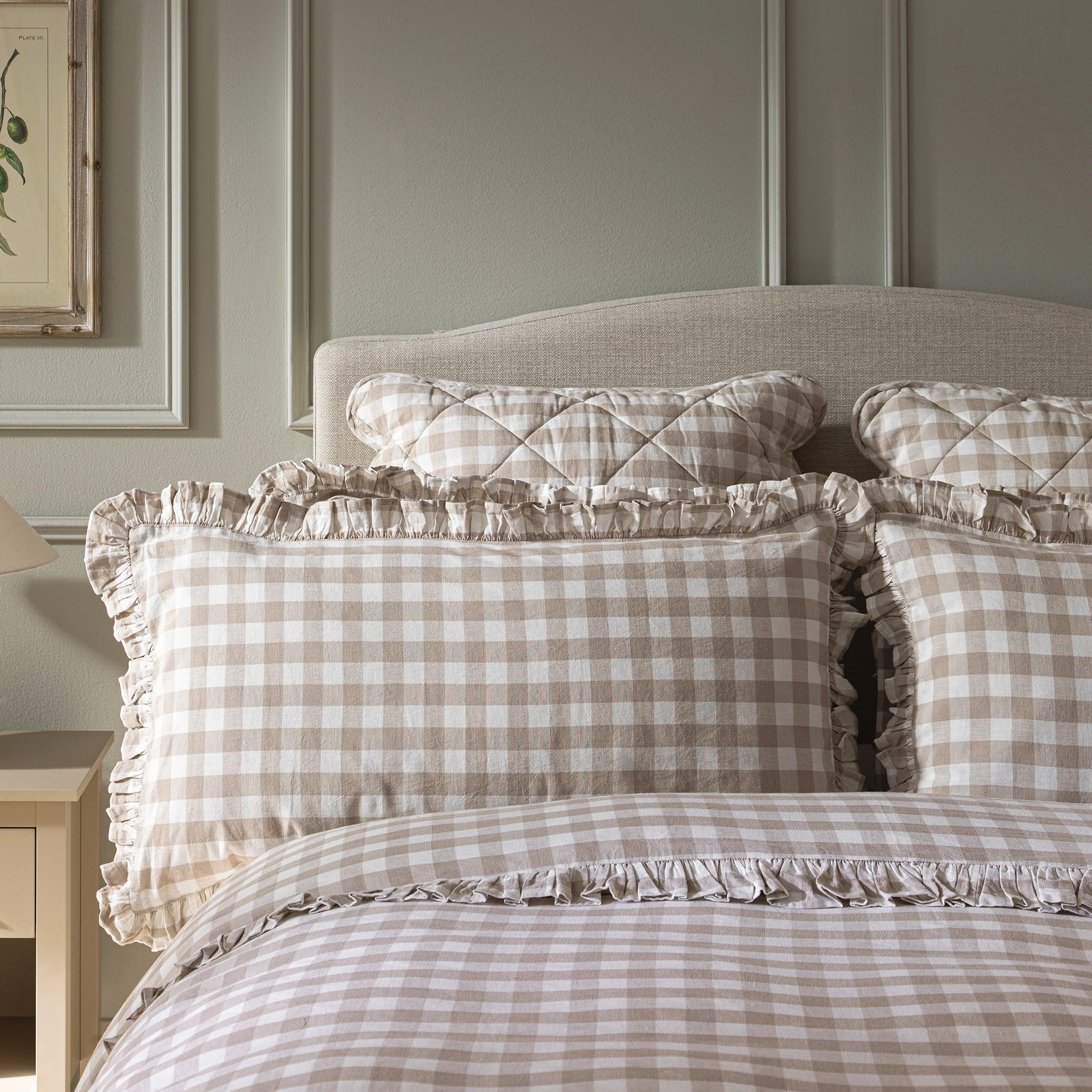 Matilda Beige Gingham Ruffle Linen Blend Pillowcases - Pair - Image 2