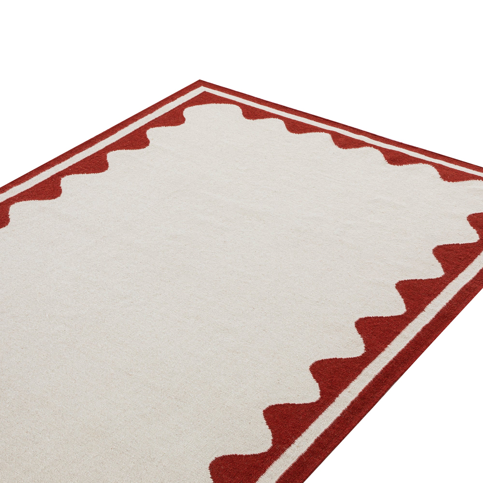 Matilda Scarlet Red Scallop Border Handwoven Wool Rug - Image 2