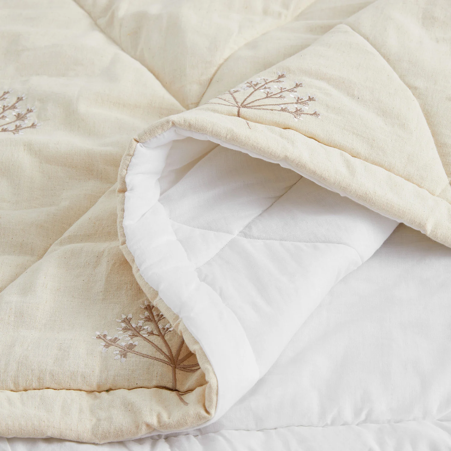 Meadow Cream Sprig Embroidered Quilted Linen Blend Bedspread - Image 3