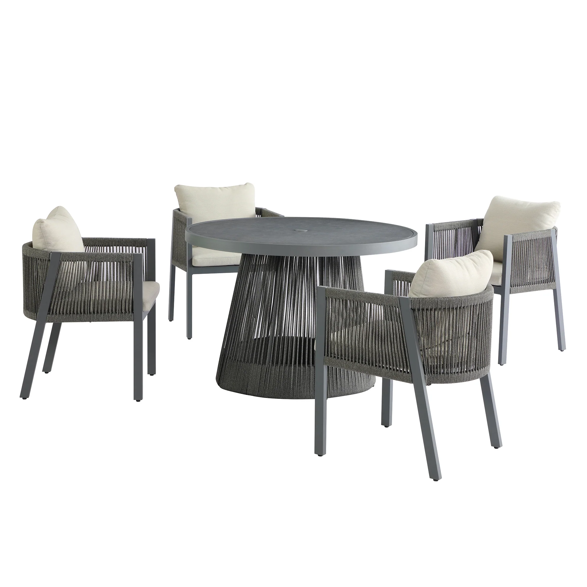 Pedra Rope and Aluminium Outdoor 4-Seater Round Dining Set, Grey - Image 2