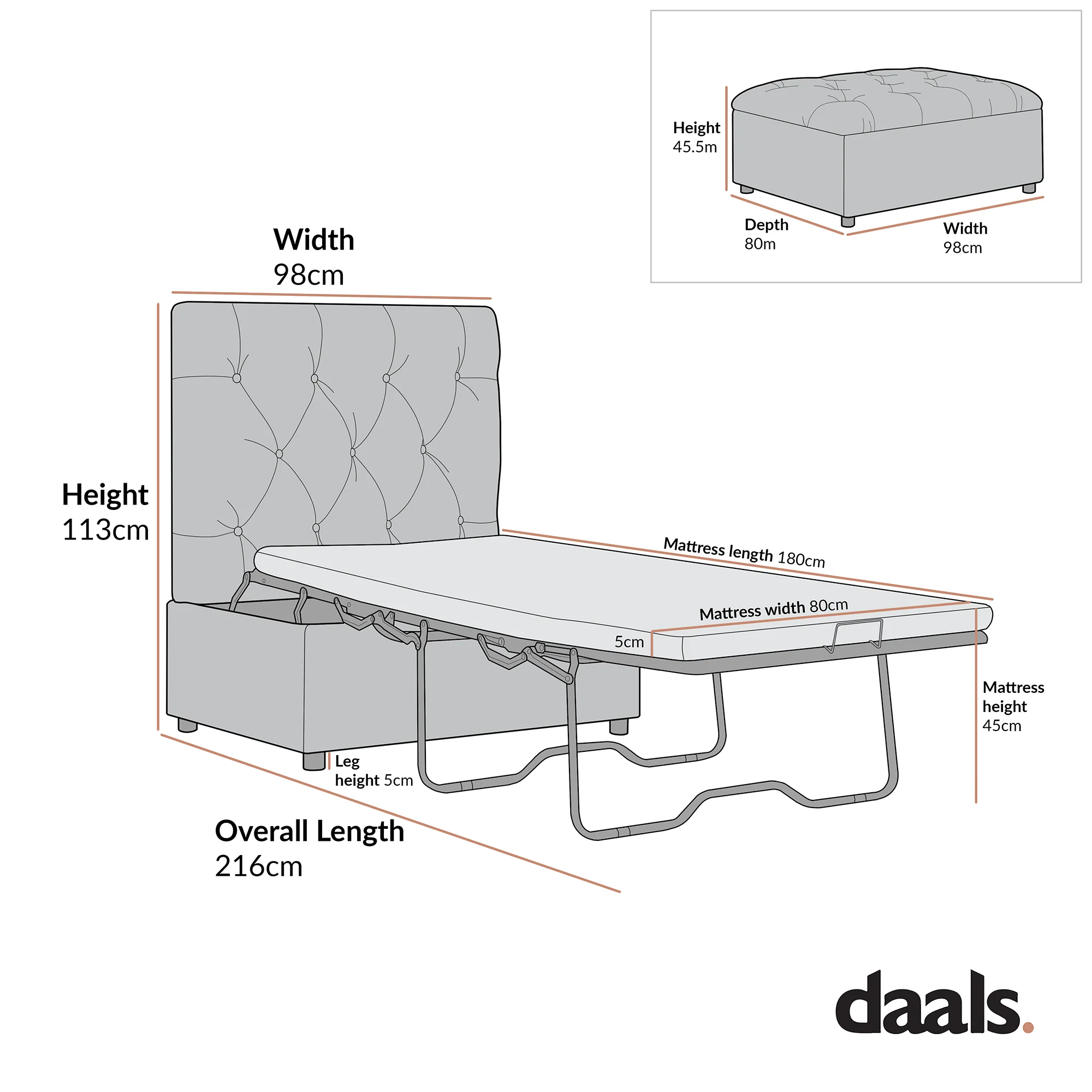 Portland Single Buttoned Fold-Out Bed in Ottoman, Mink Velvet - Image 13