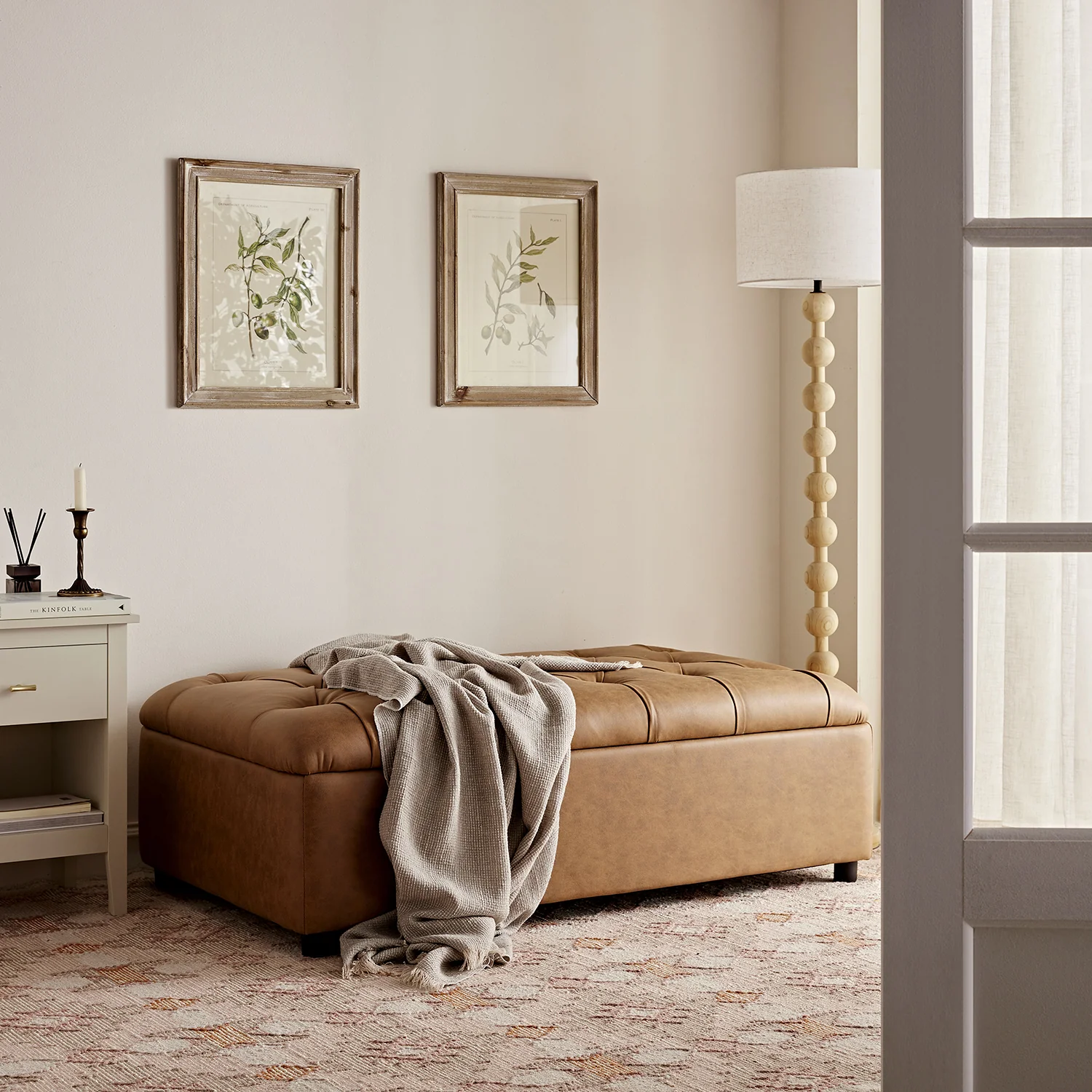 Portland Small Double Buttoned Fold-Out Bed in Ottoman, Tan Faux Suede