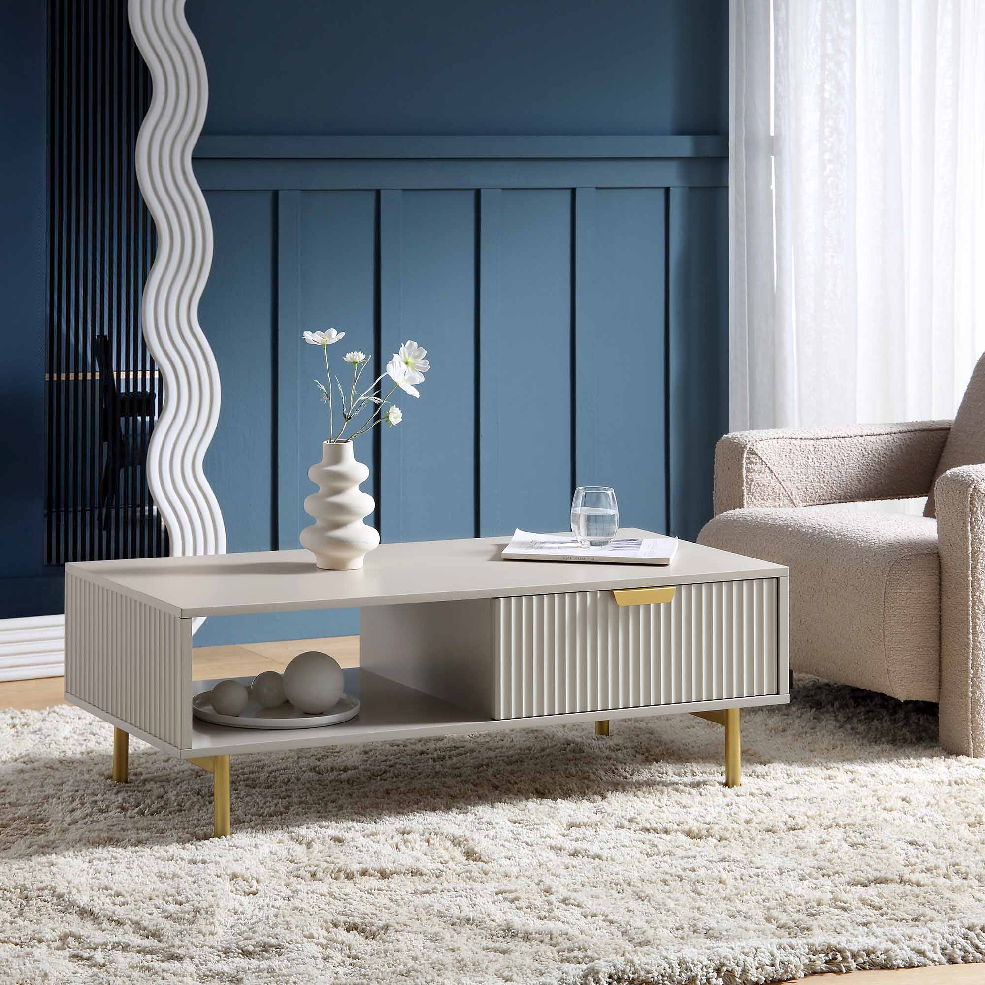 Richmond Ridged Coffee Table with Drawer, Matte Taupe