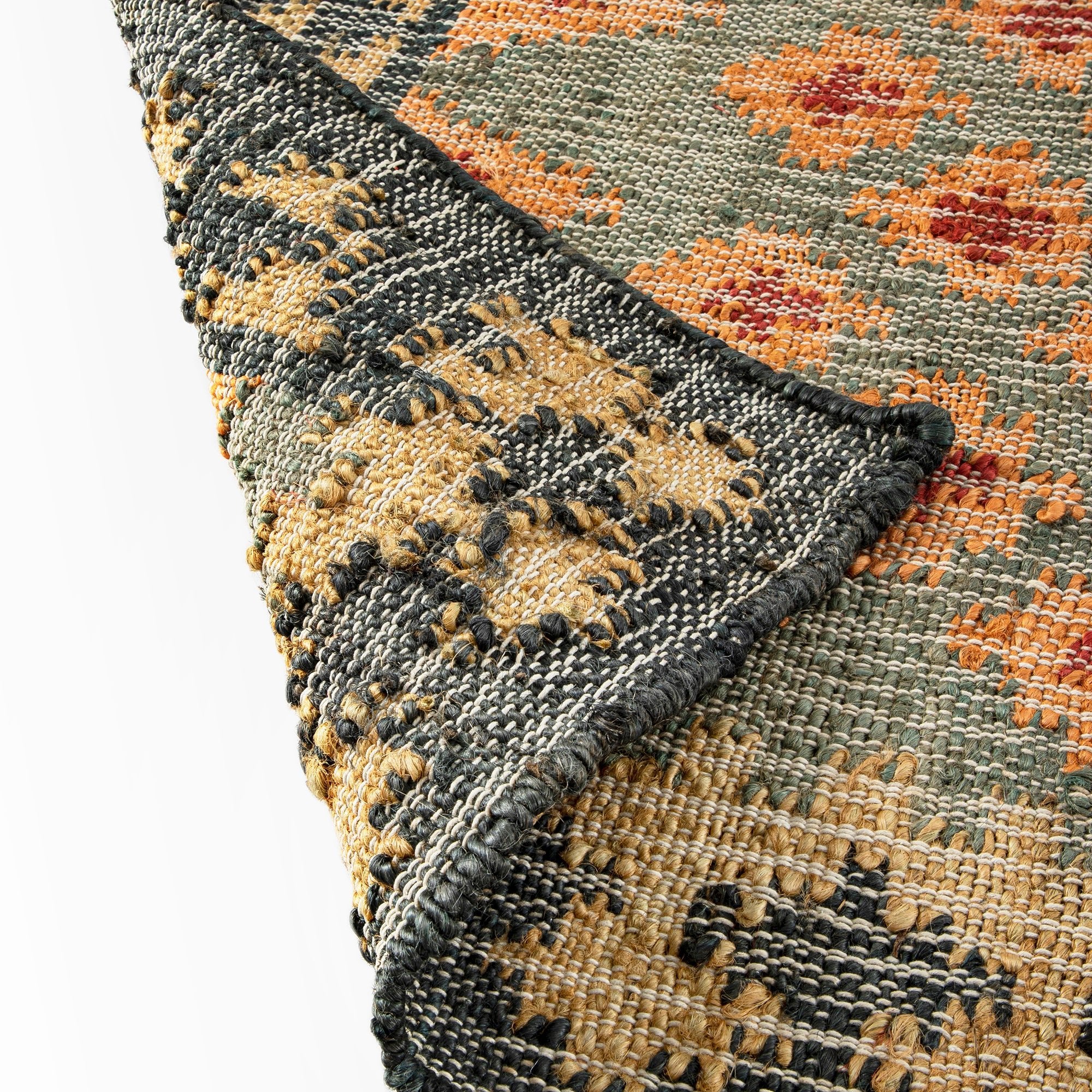 Safi Kilim Traditional Handwoven Jute & Cotton Deep Orange and Blue Rug - Image 6