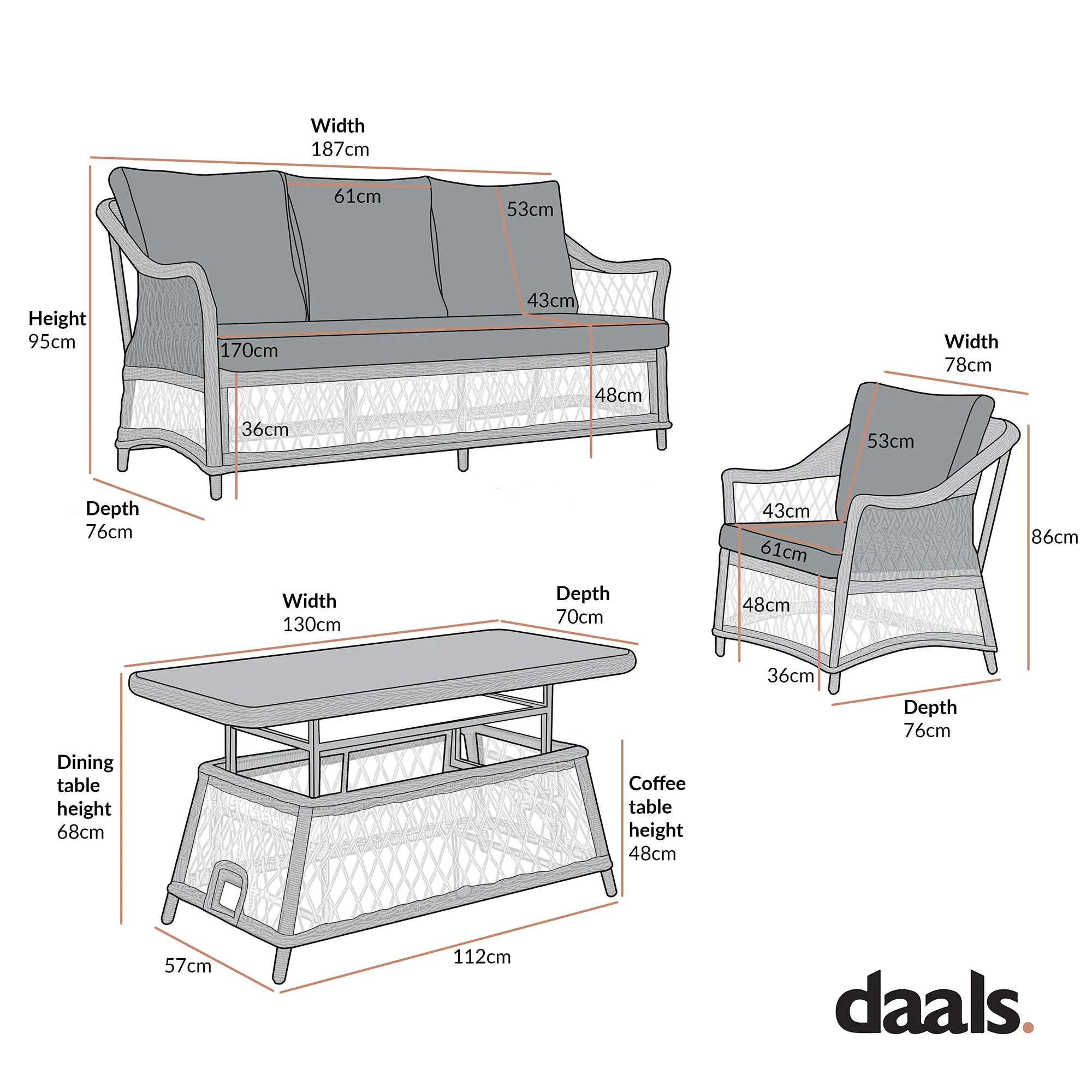 Willowbrook Lattice Weave Rattan 5-Seater Sofa Set with Rising Table, White - Image 19