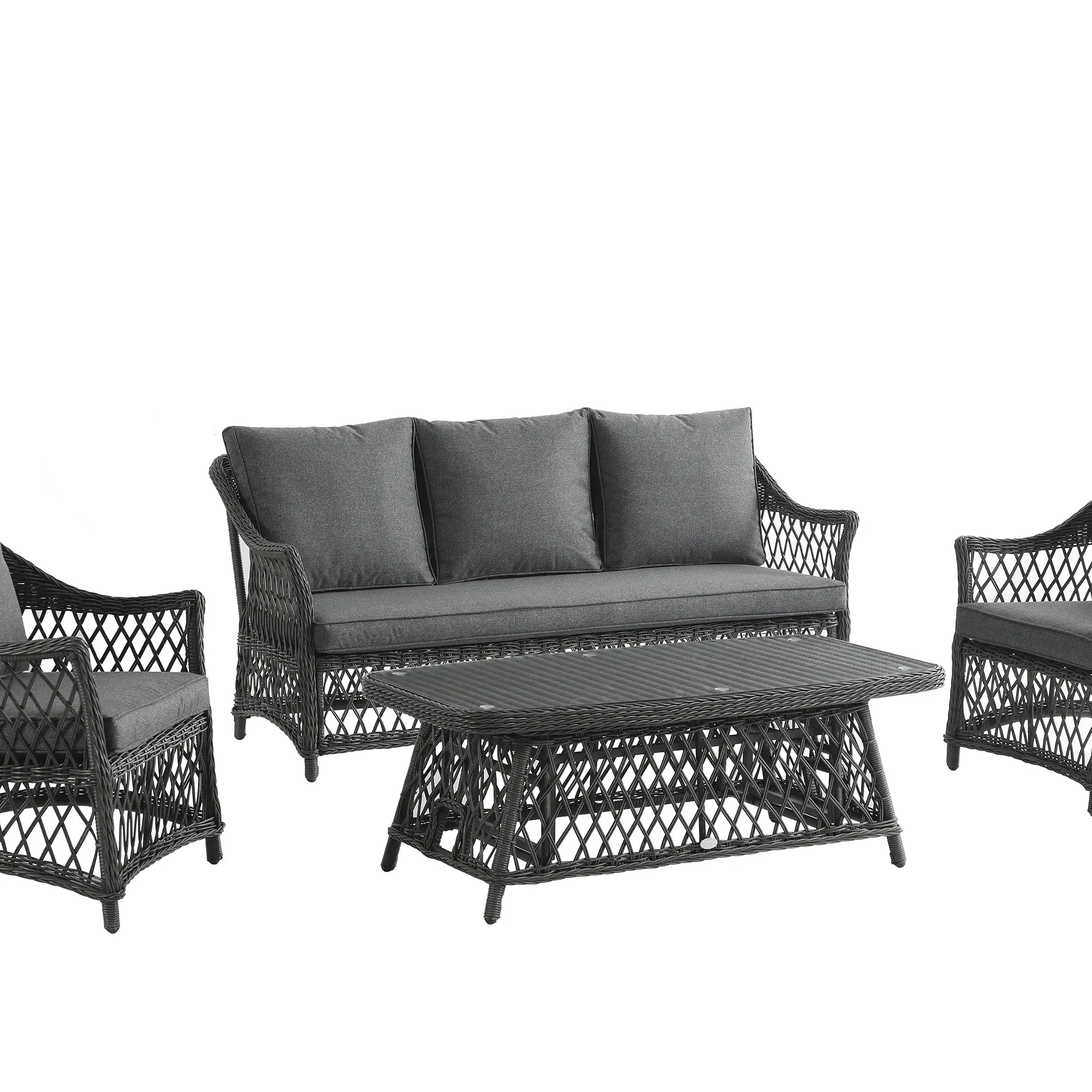 Willowbrook Lattice Weave Rattan 5-Seater Sofa Set with Rising Table, Dark Grey - Image 4